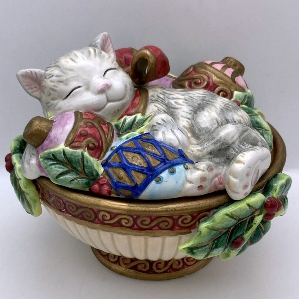 Fitz &Floyd Christmas Kitty In Bowl Lidded Footed Bowl Ornaments Candy 2005